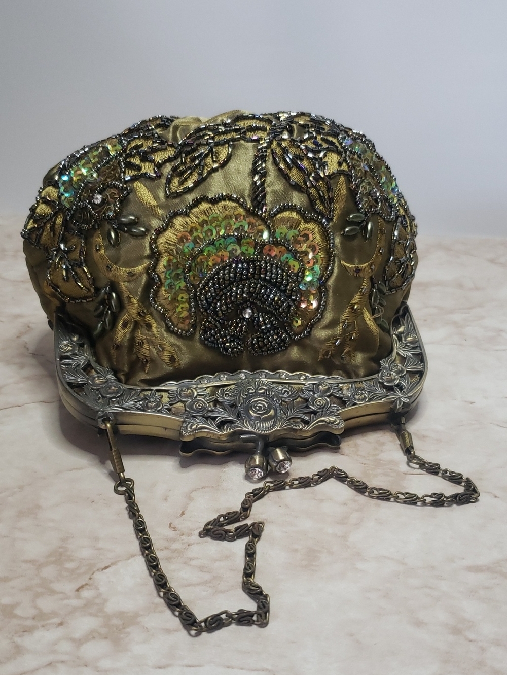 Green Beaded Victorian Style Metal Frame Floral Mini Evening Bag - Picture 3 of 5